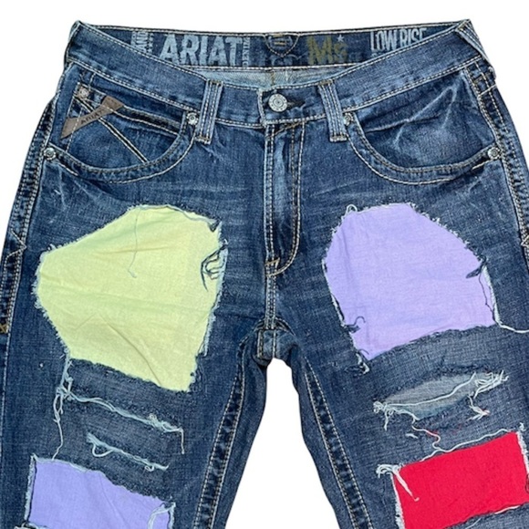 ARIAT Denim M5 Men’s Blue Jeans Low Rise Straight 31x34 W/ Patches Distressed - Picture 5 of 15
